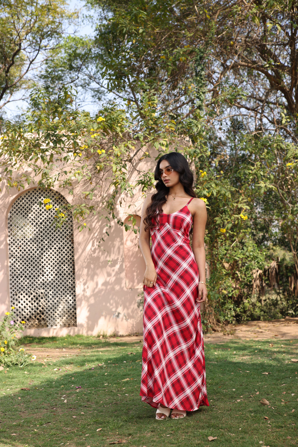 Crimson Check Bias Maxi Dress