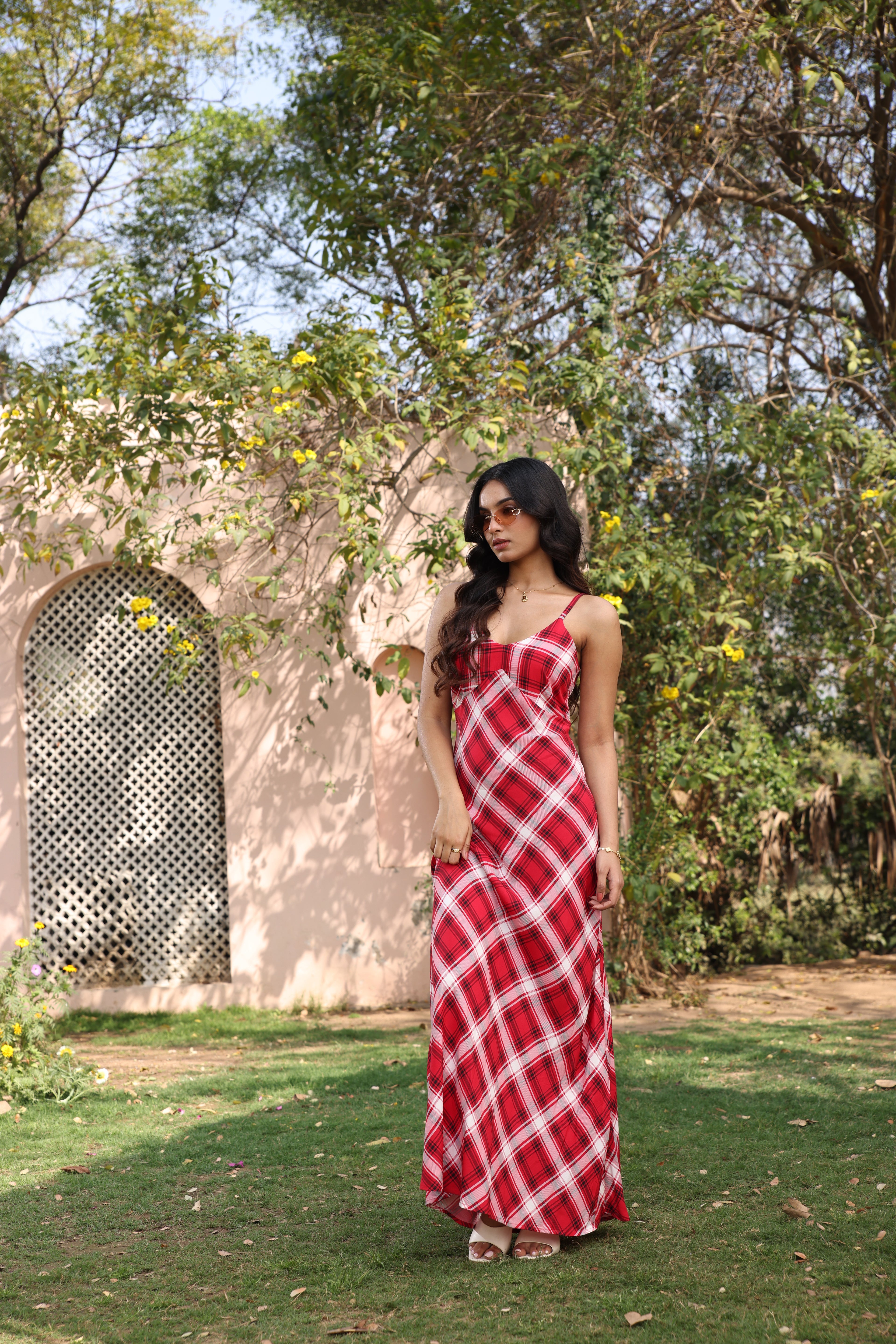Crimson Check Bias Maxi Dress