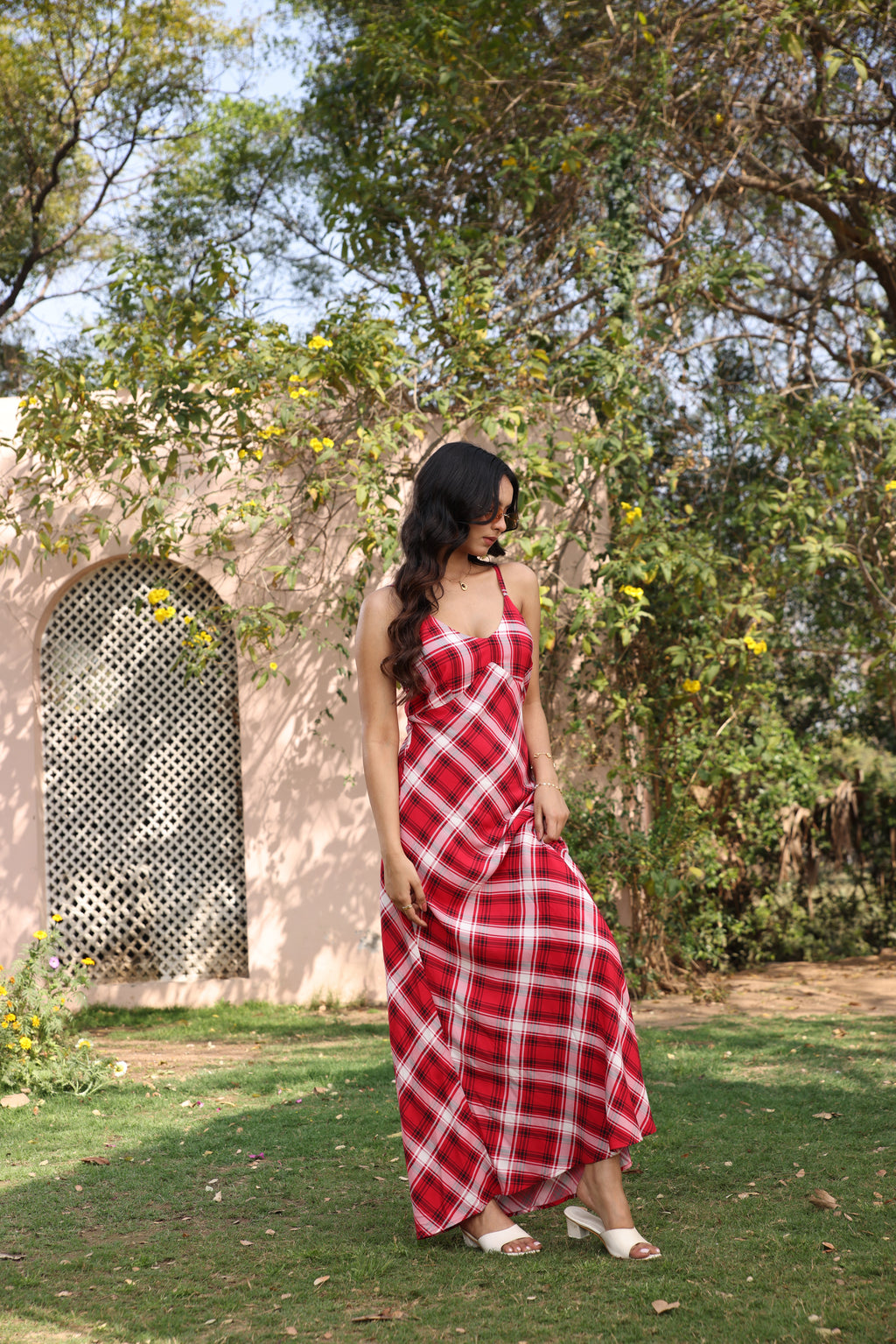 Crimson Check Bias Maxi Dress