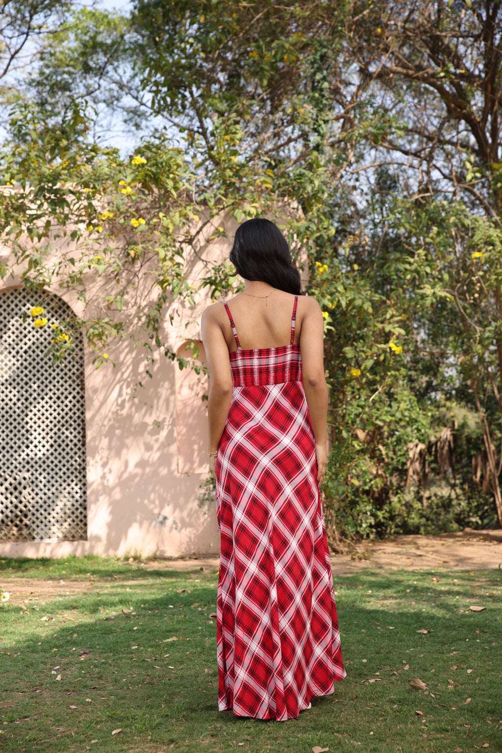 Crimson Check Bias Maxi Dress