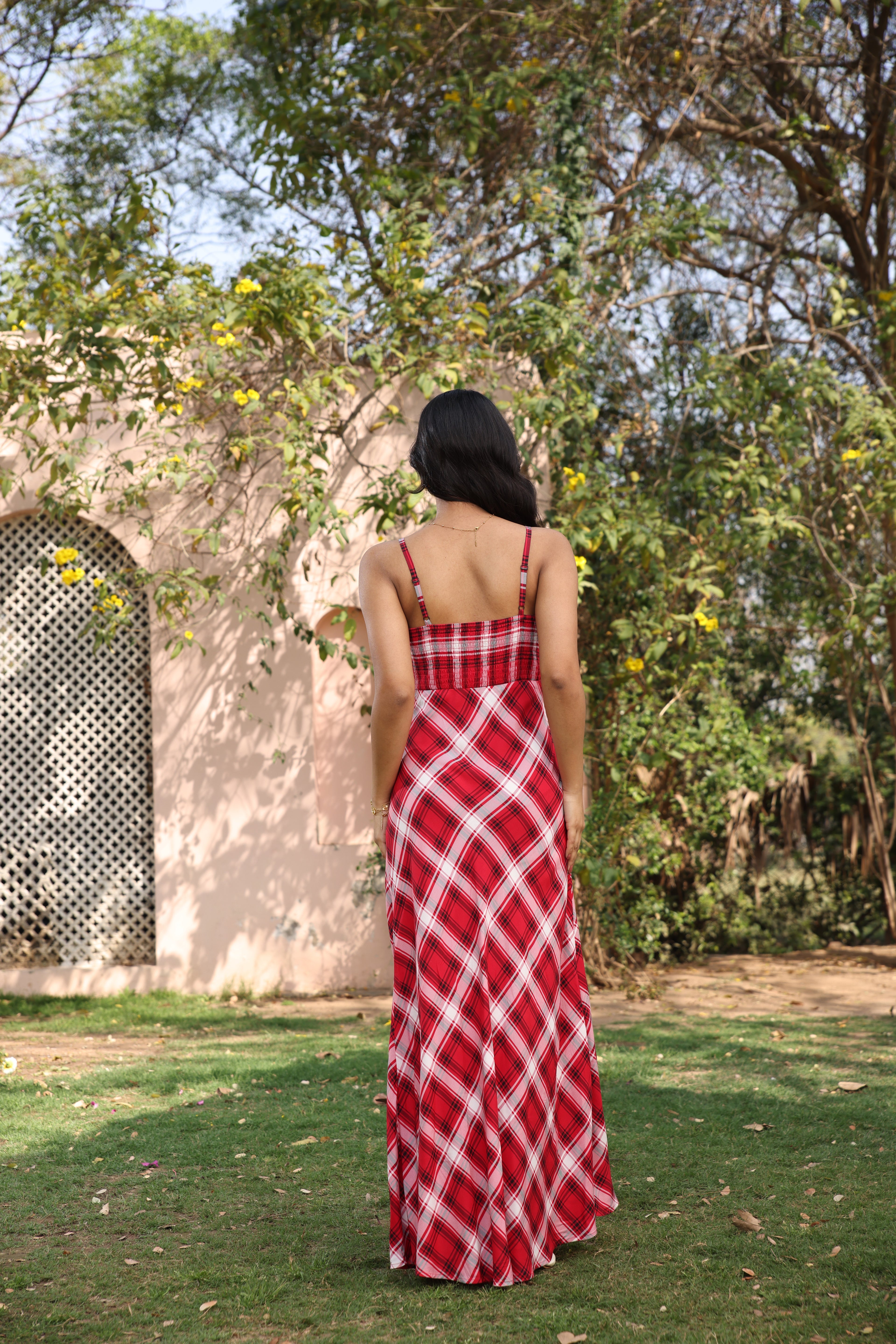 Crimson Check Bias Maxi Dress