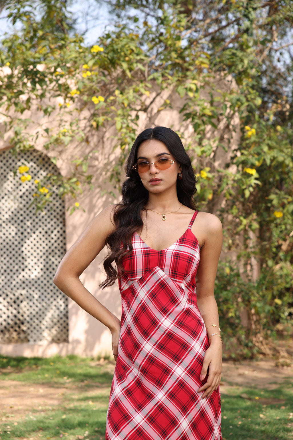Crimson Check Bias Maxi Dress