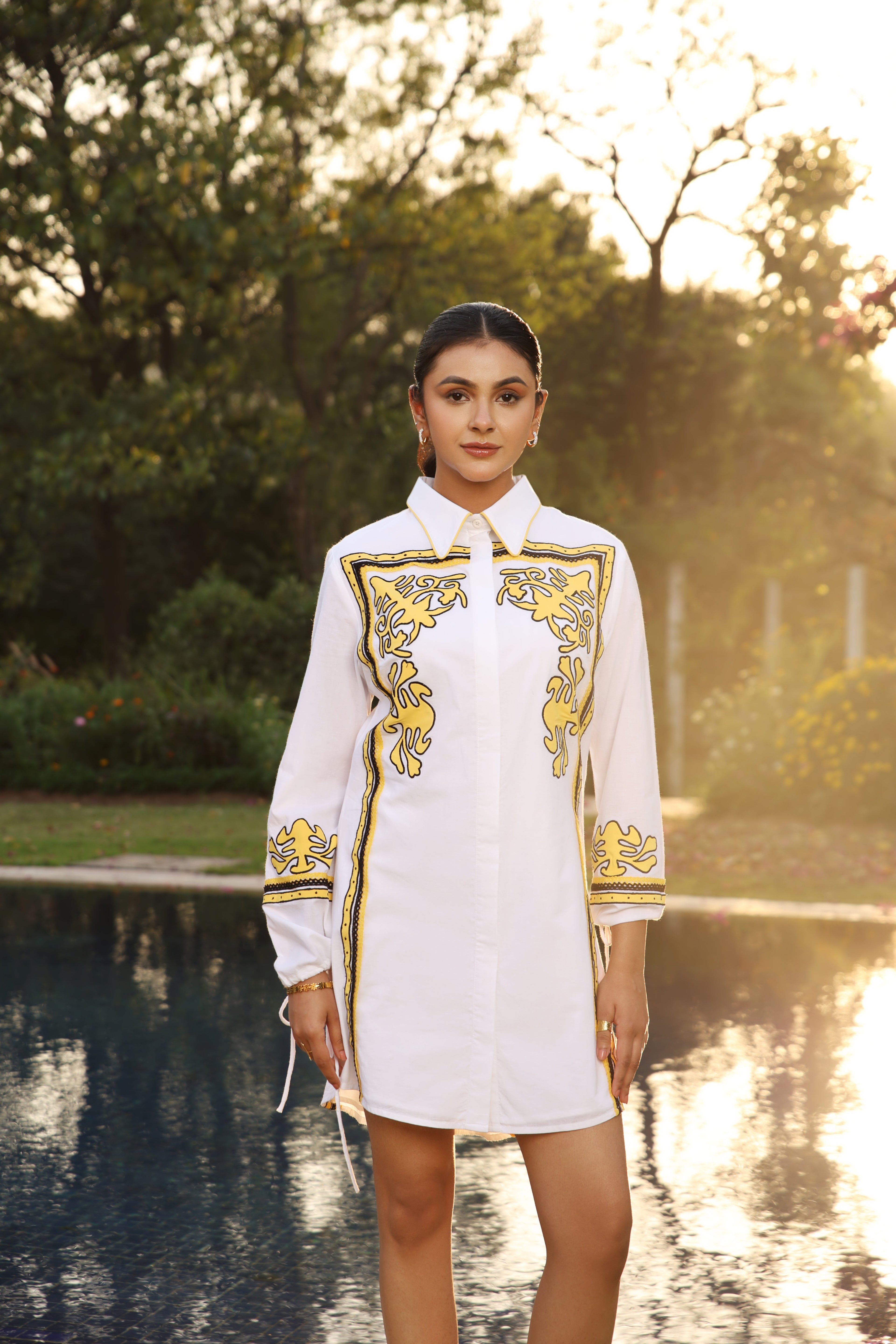 Ochre Crest Appliqué Shirt Dress