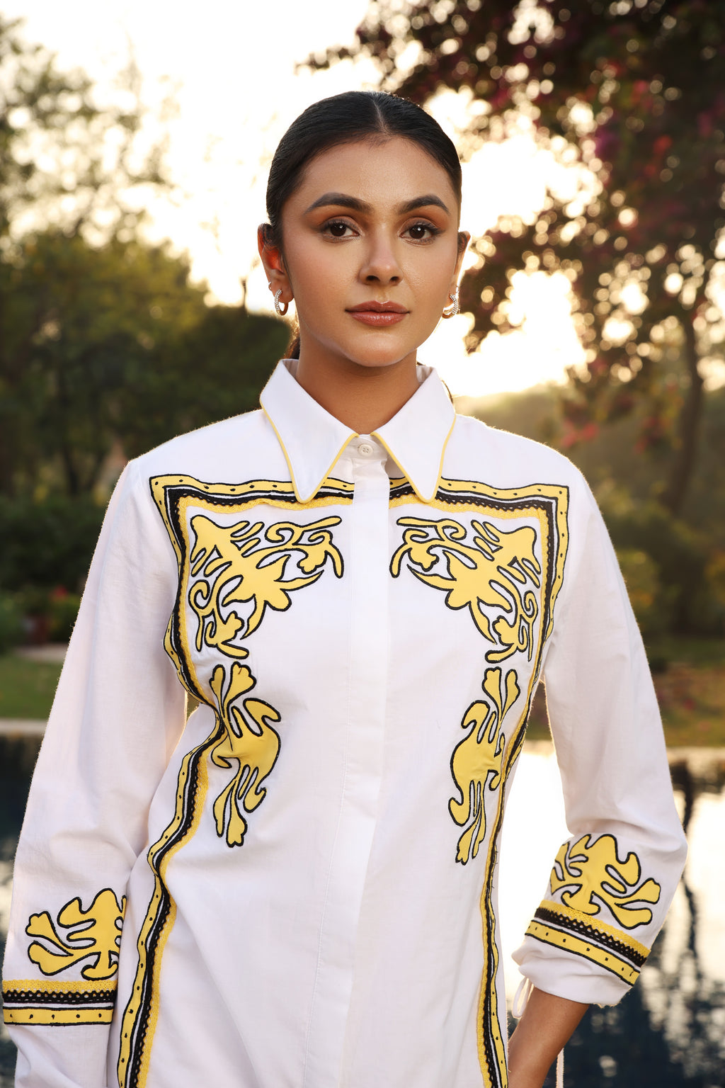 Ochre Crest Appliqué Shirt Dress