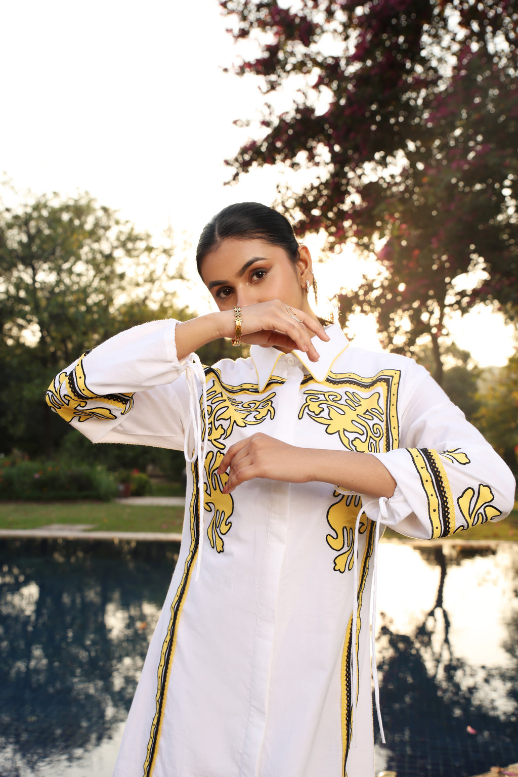 Ochre Crest Appliqué Shirt Dress