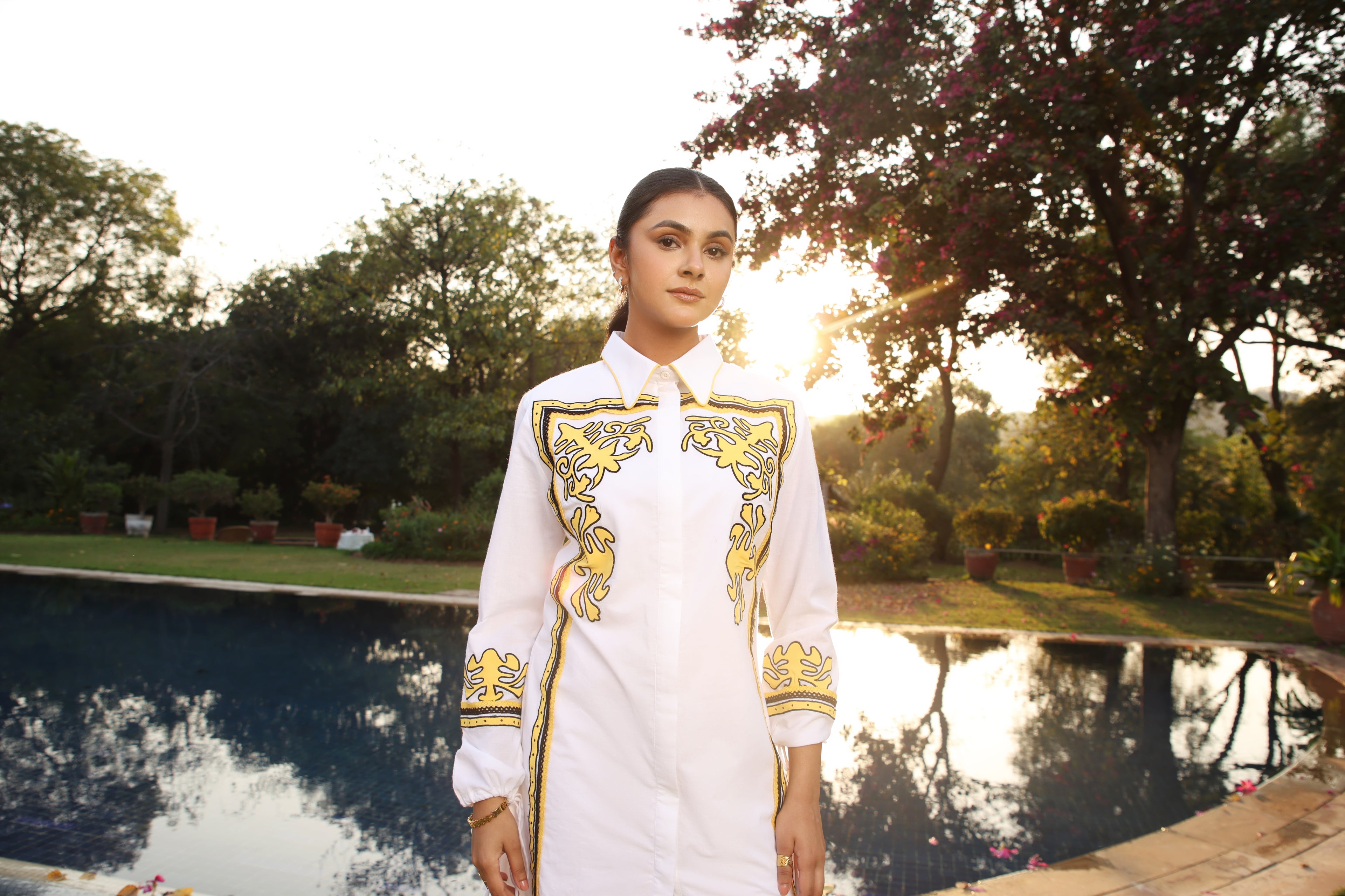 Ochre Crest Appliqué Shirt Dress