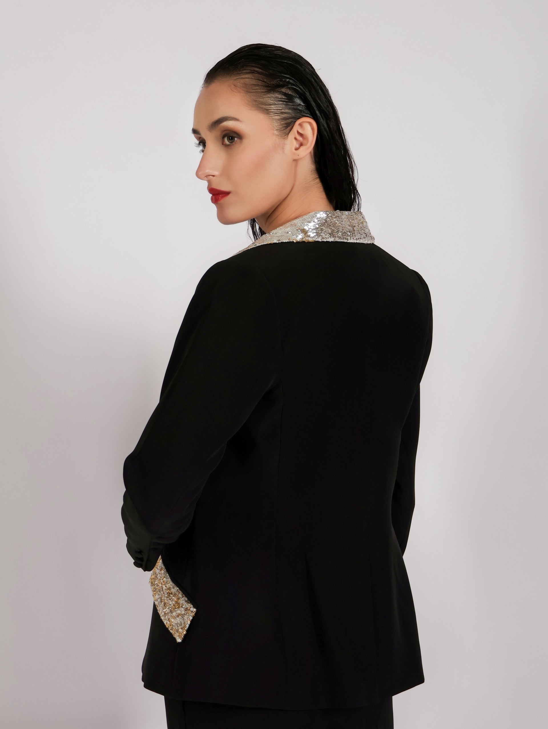 Sequin Embellished Black Blazer and Flared Trousers Set