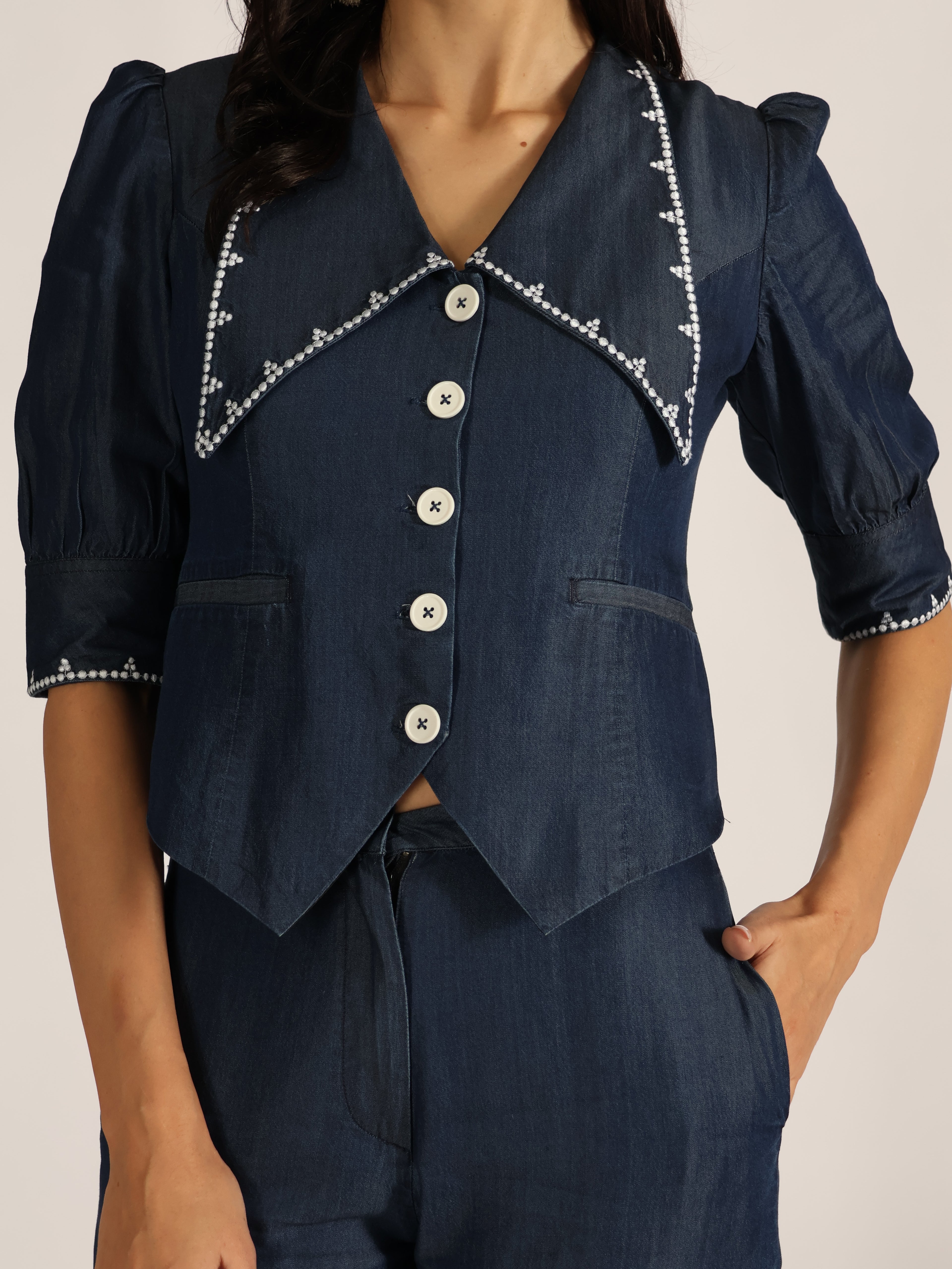 Denim Crop Top and Trouser Set