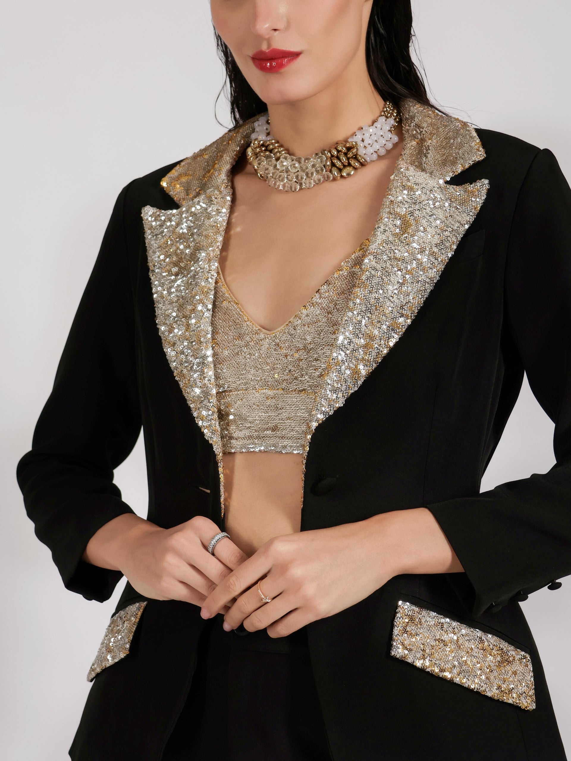 Sequin Embellished Black Blazer and Flared Trousers Set