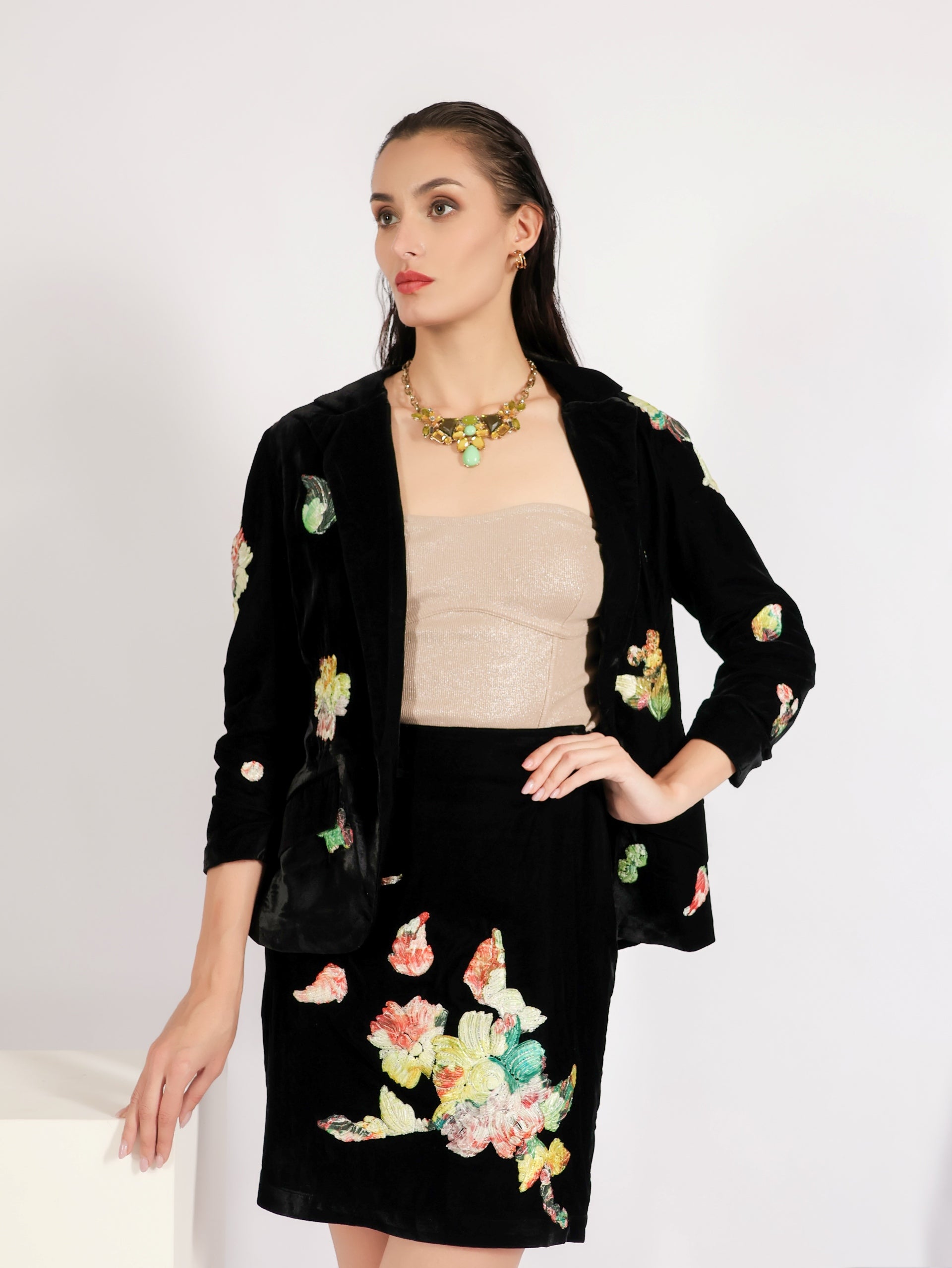 Velvet Floral Applique Blazer and Skirt Set