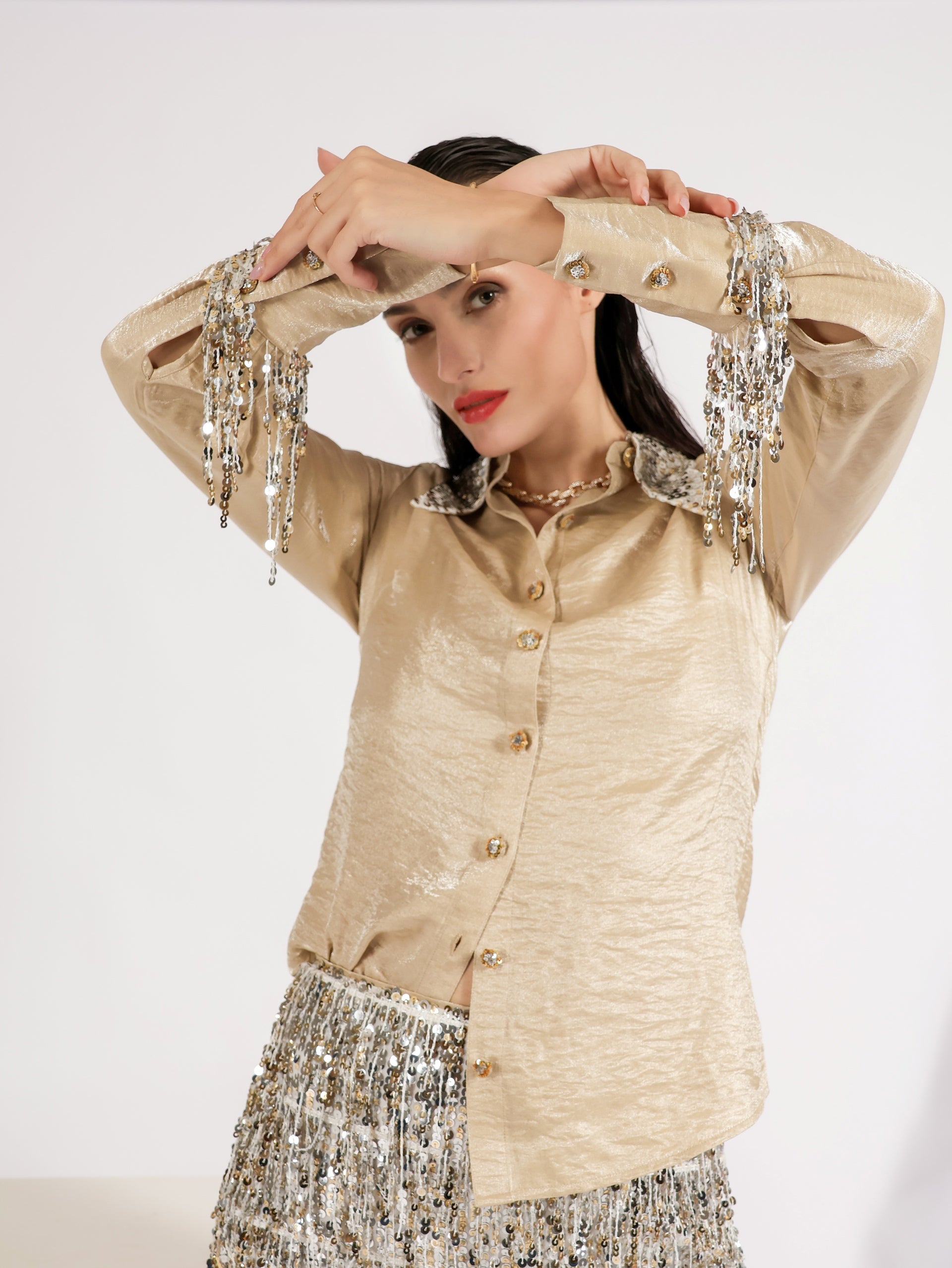 Metallic Fringe Jacket and Skirt Set