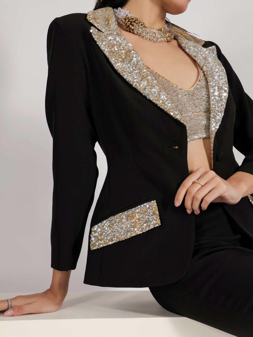Sequin Embellished Black Blazer and Flared Trousers Set