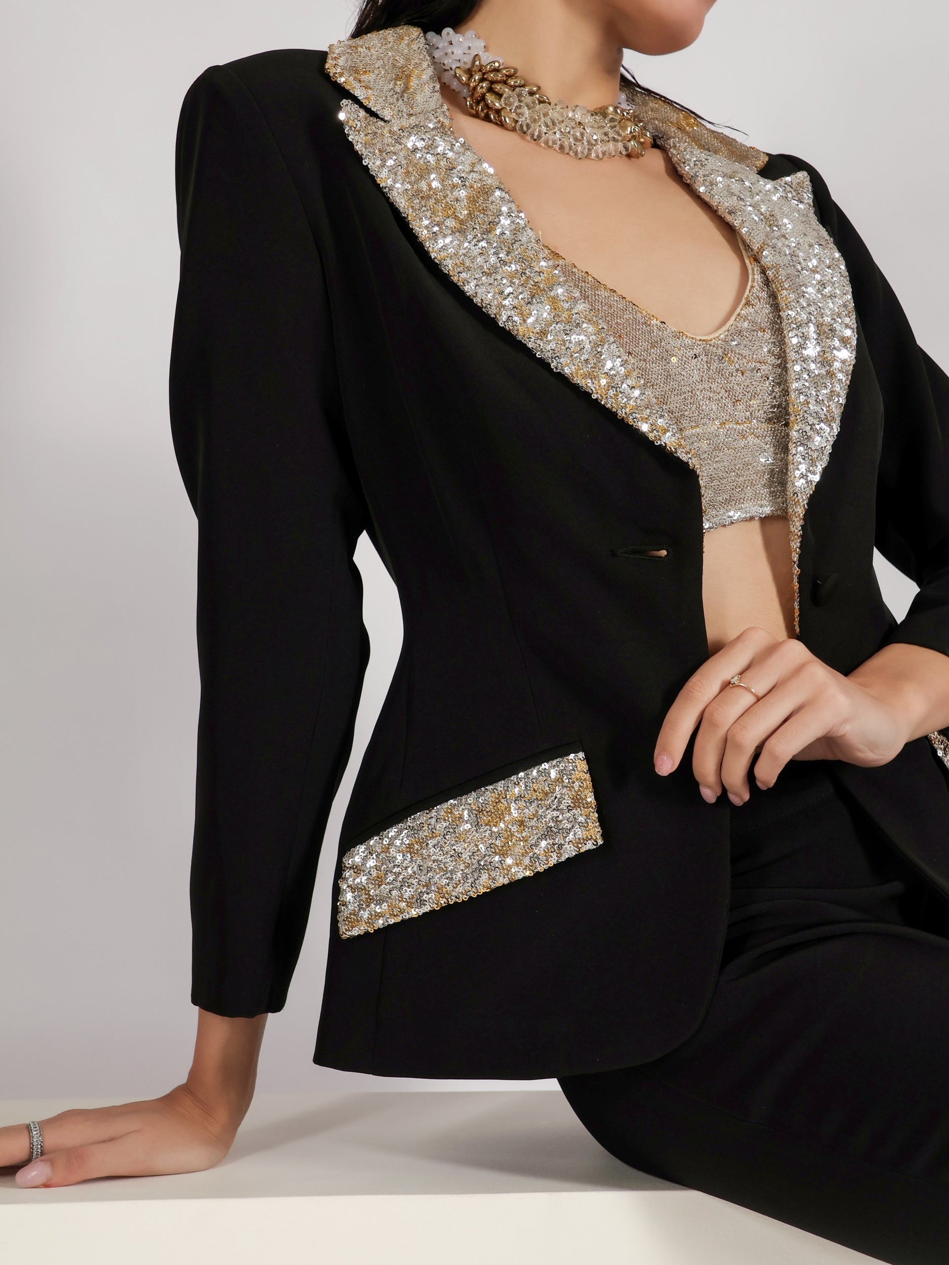 Sequin Embellished Black Blazer and Flared Trousers Set