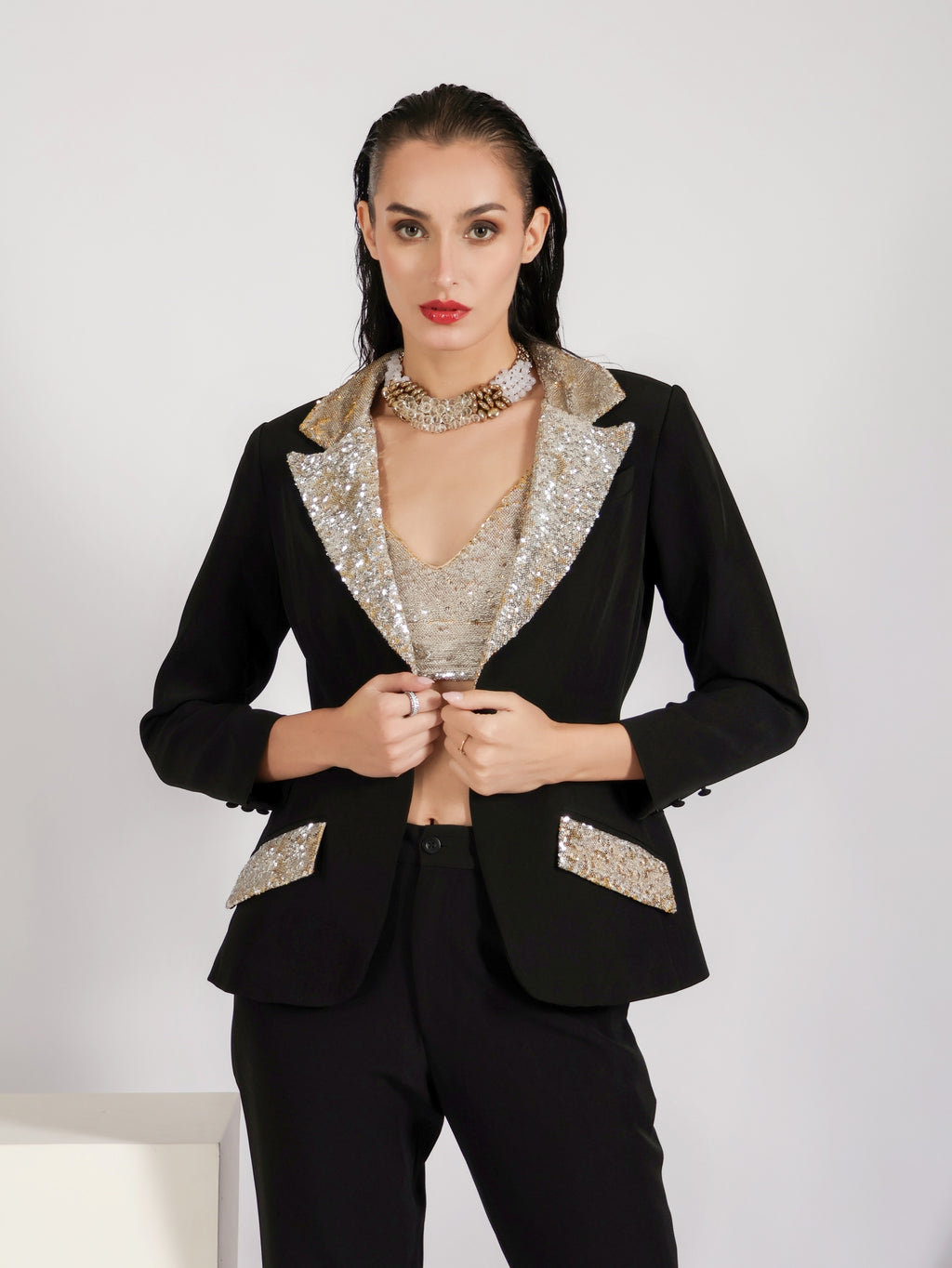 Sequin Embellished Black Blazer and Flared Trousers Set