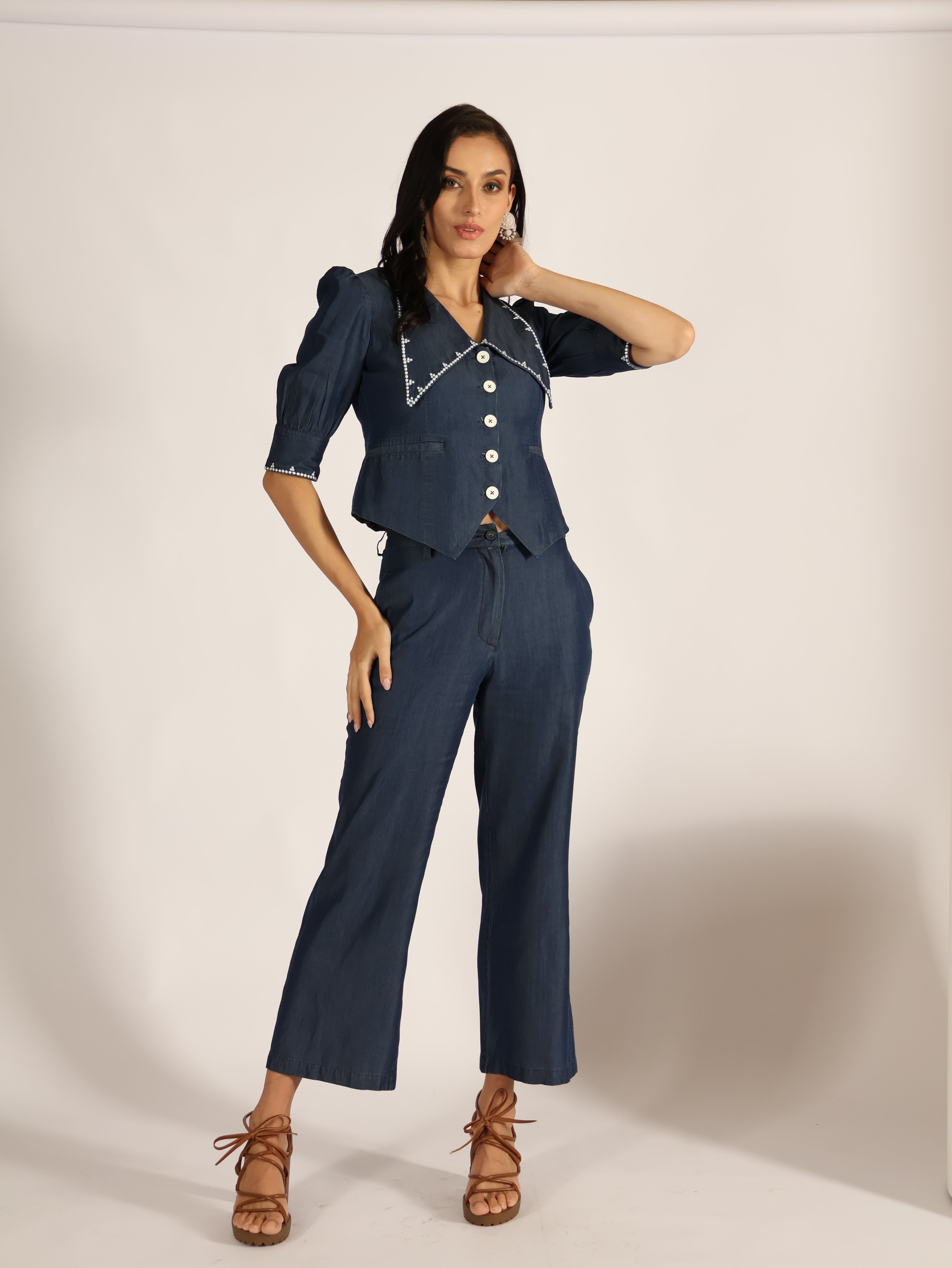 Denim Crop Top and Trouser Set