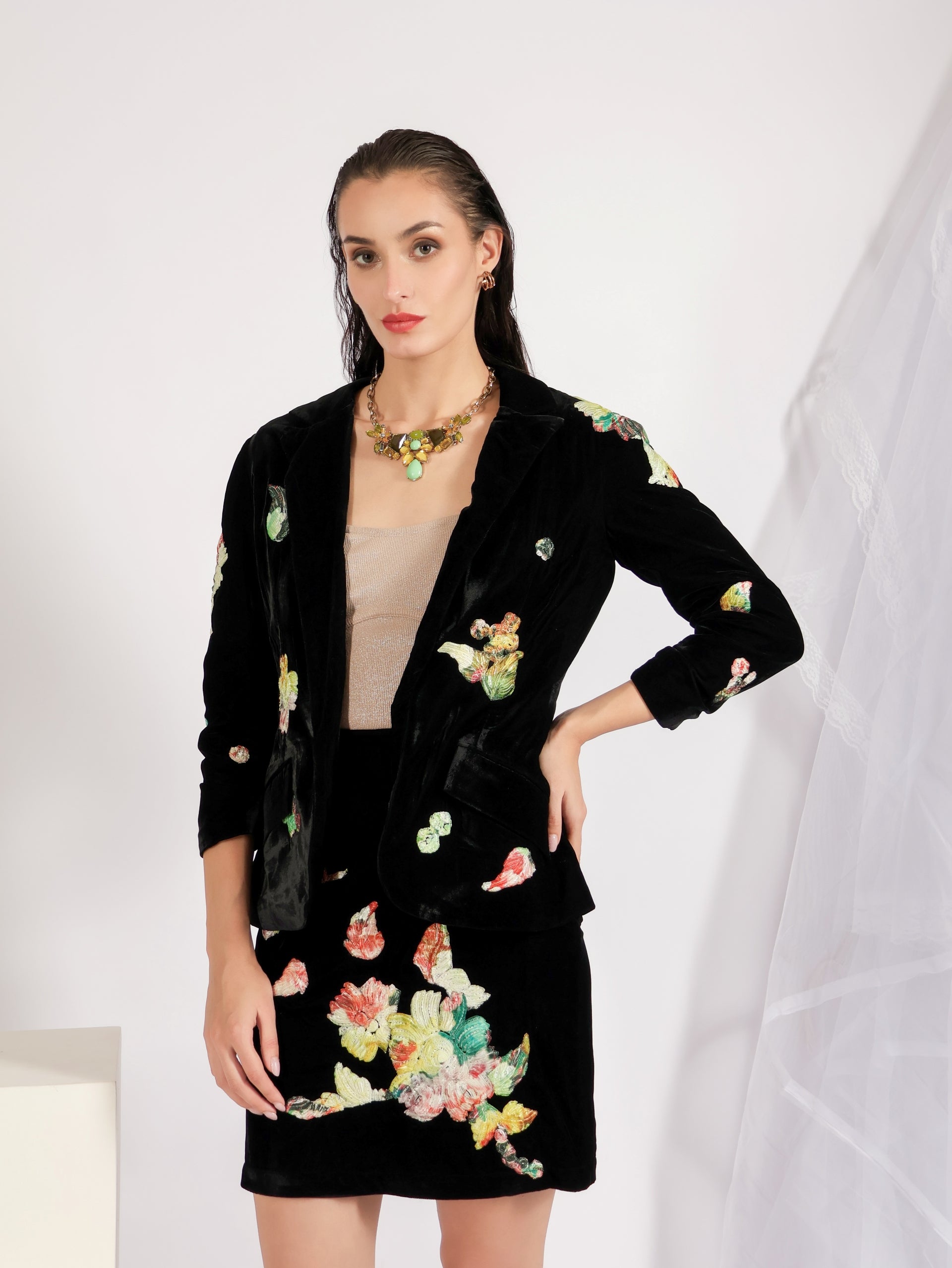 Velvet Floral Applique Blazer and Skirt Set