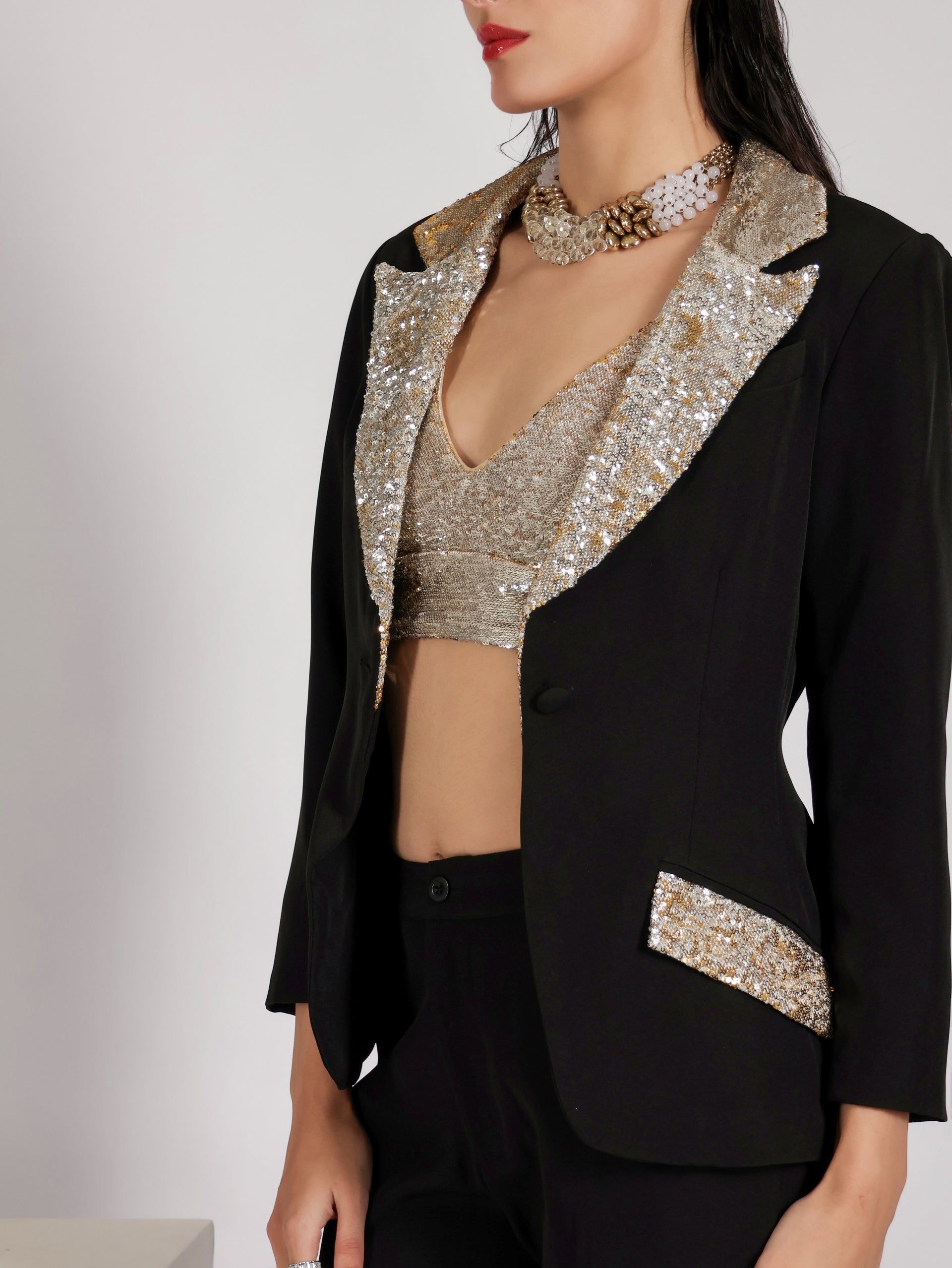 Sequin Embellished Black Blazer and Flared Trousers Set