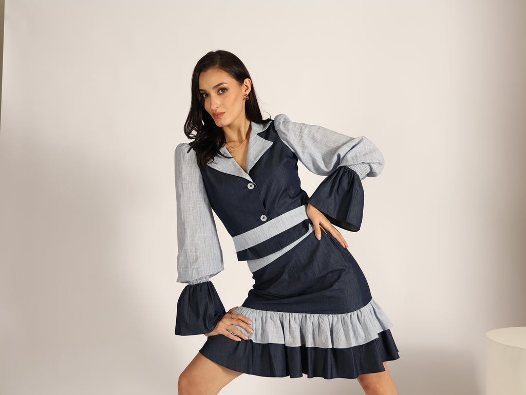 Nocturne Bloom Denim Pin Striped Skirt Set