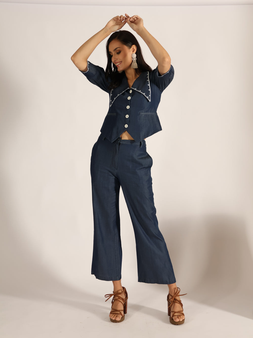 Denim Crop Top and Trouser Set