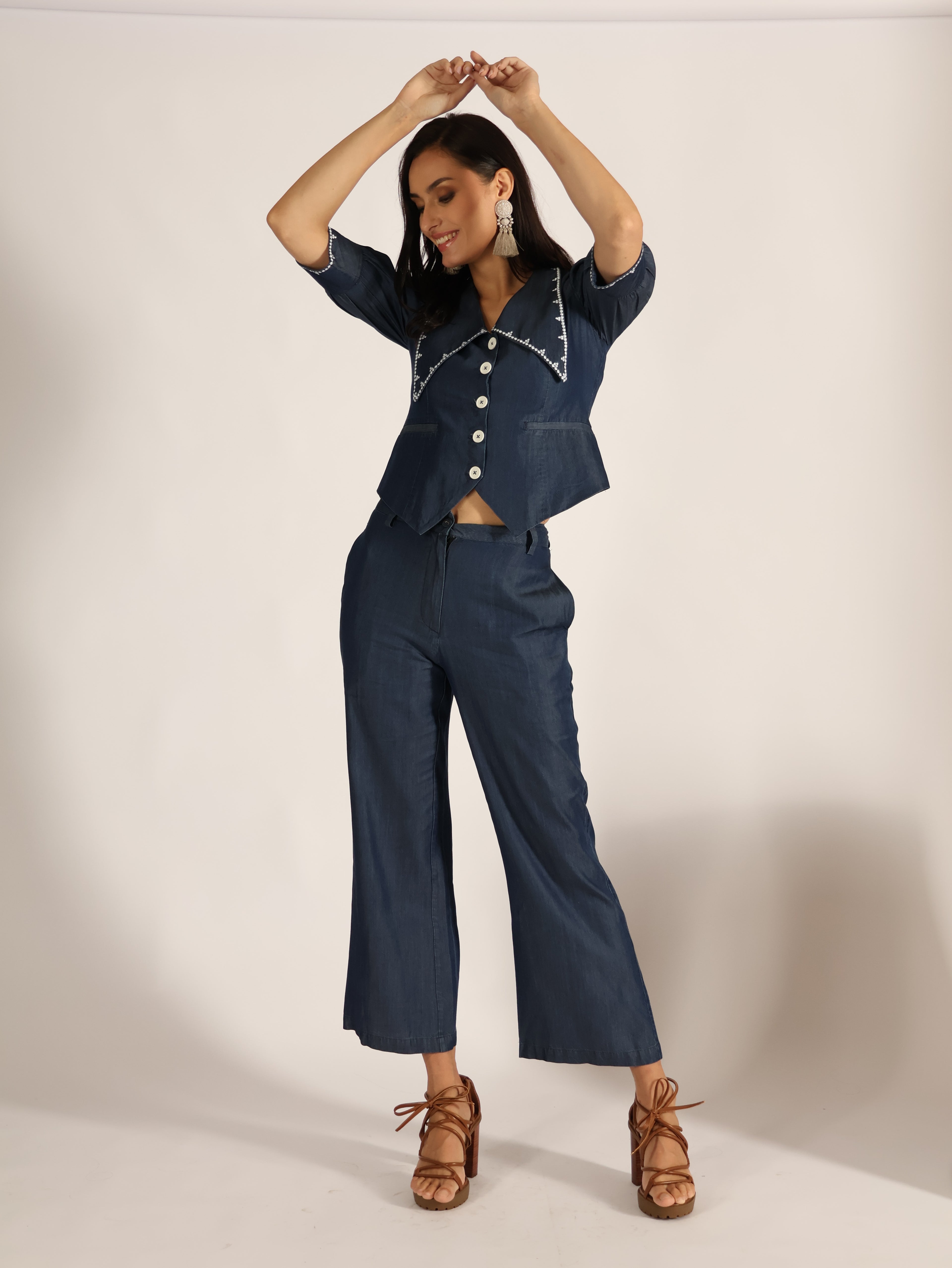 Denim Crop Top and Trouser Set